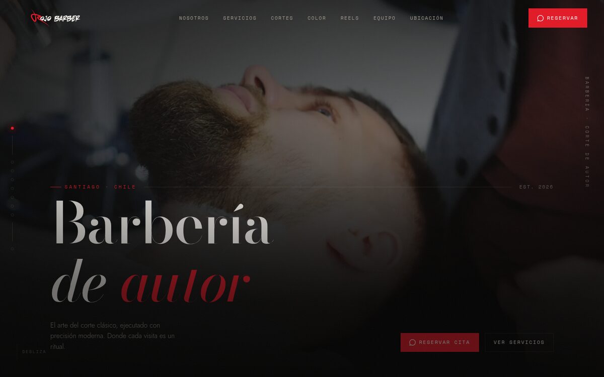 Sección de Rojo Barber: «Barbería de autor» en tipografía editorial sobre fondo negro, con los botones de reservar cita y ver servicios.