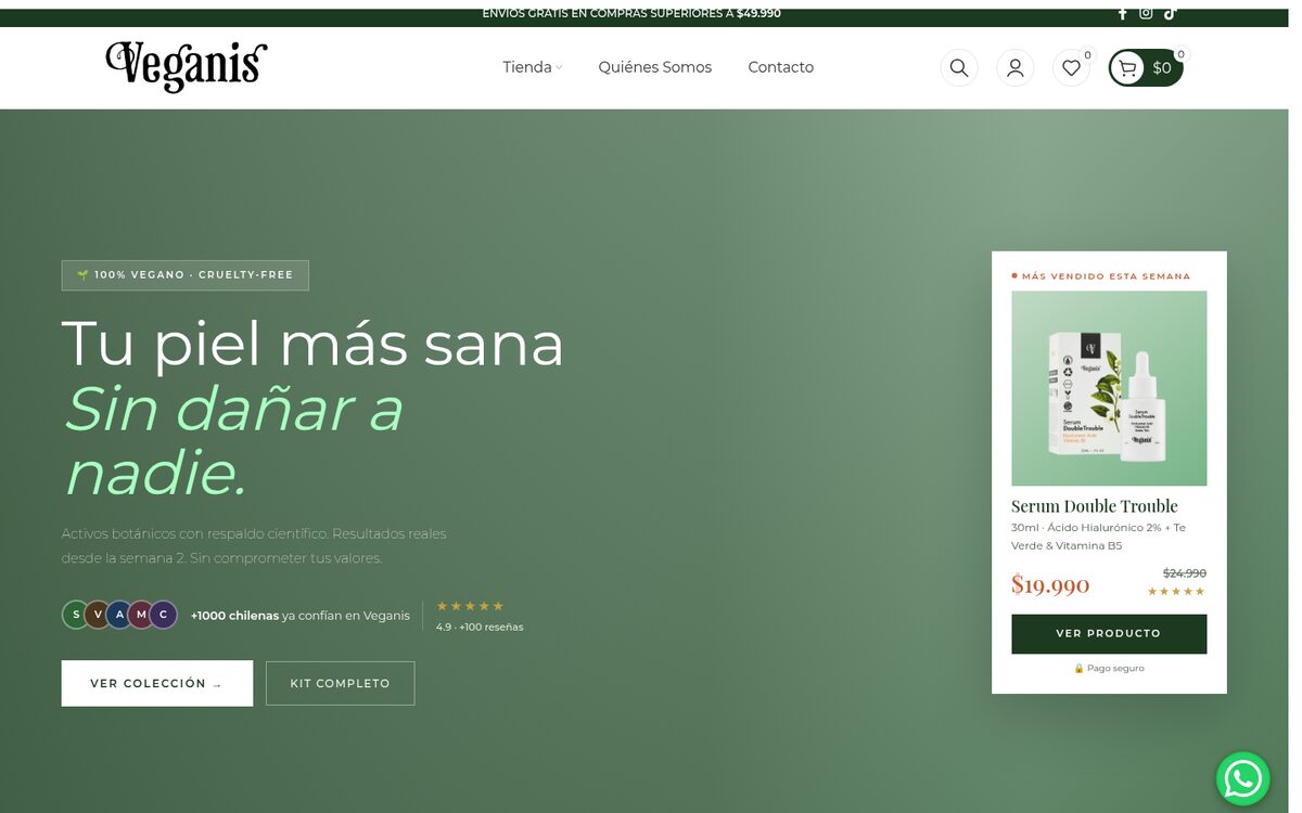 Sección de Natural Veganis: «Tu piel más sana, sin dañar a nadie», con la ficha de su sérum más vendido y las valoraciones de clientas.